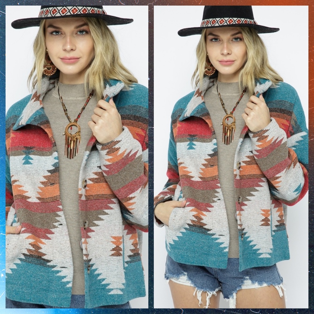LUX BRAND Aztec Print Button Up Soft & Cozy Jacket W/Stand-Up Collar & Pockets - Picture 10 of 16